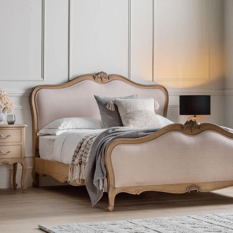 Weathered Solid Wood French Chic King Linen Upholstered Bed 😍 #frenchbed #frenchcountry #weathered #woodenbed #frenchbedroom French Furniture Design, Linen Upholstered Bed, Bed Weather, French Headboard, Gorgeous Bed, Rattan Bed, French Bed, King Size Bed Frame, Wooden Bed Frames