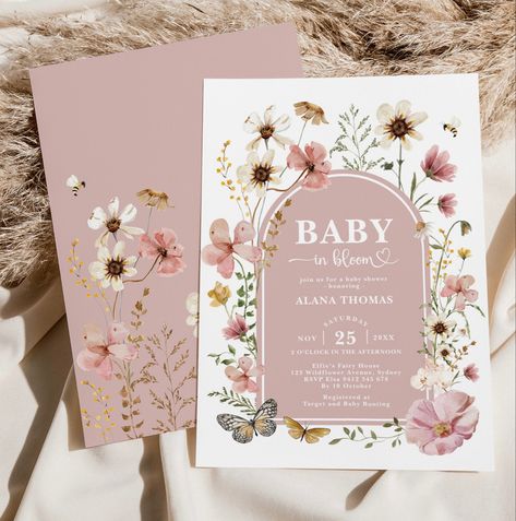 Floral Pink Baby Shower, Spring Baby Shower Ideas Girl, Vintage Floral Baby Shower Ideas, Mauve Baby Shower Ideas, Flowers Baby Shower Theme, Wildflower Baby Shower Ideas, Floral Baby Shower Ideas, Girly Baby Shower Themes, Baby Girl Shower Invitations