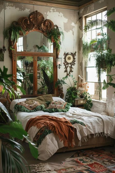 Brazilian Home Decor, Moody Jungle Bedroom, Jungle Apartment Aesthetic, Flat Bedroom Ideas, Botanical Room Ideas, Pillow Room Ideas, Jungle Inspired Bedroom, Rustic Plant Bedroom, Boho Plant Bedroom