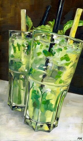 Mojitos by Alyssa Watters Mojito Wallpaper, Alcoholic Drinks Painting, Mojito Painting, Mojito Graphic Design, Mojito Print, Imagination Art, Daily Painting, Mojito, Mixed Drinks