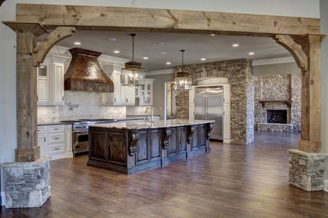 My favorite view #kitchen #lodgeroom #dreamhome #allgoodacres #tranquillity #garrellassociates Rock Kitchen Ideas, Rock Inside House, Rustic Elegance Home, Big Farmhouse Kitchen, Beam Ideas, Light Cabinets, Soft Kitchen, Separate Kitchen, Wood Beam