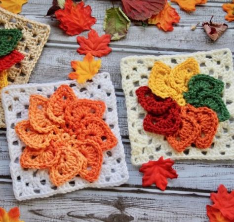 Leaves Granny Square - Free Pattern, a diy craft post from the blog Beautiful Skills - Crochet Knitting Quilting, written by Beautiful Skills on Bloglovin’ Crochet Plumeria, Granny Square Häkelanleitung, Crocheted Squares, Motifs Granny Square, Sunburst Granny Square, Crochet Plant Hanger, Crochet Plant, Crochet Leaves, Crochet Granny Square