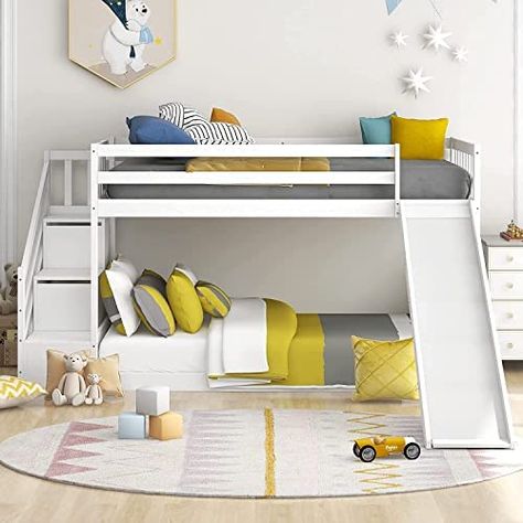 Small Shared Kids Room, Kids Small Bedroom Ideas, Guest Room Layout, Stairs Slide, Childrens Cabin Beds, Bedroom Extension, Kids Double Bed, Bunk Bed With Stairs, Bed With Stairs