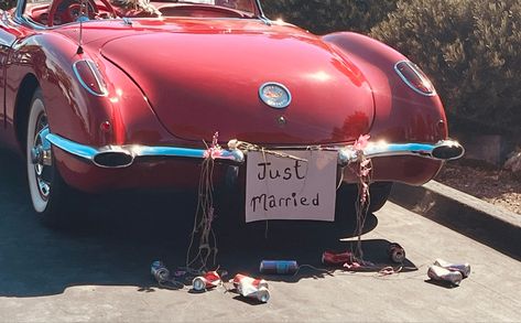 Just Married Car Aesthetic, Red Convertible Aesthetic, Wedding Car Aesthetic, Just Married Aesthetic, Wedding Core, Firebird Car, Red Camaro, Wedding Getaway Car, Red Convertible