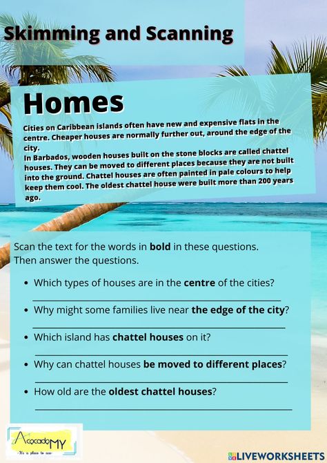 Skimming And Scanning, Supporting Details, Making Inferences, Comprehension Worksheets, Reading Comprehension Worksheets, Compare And Contrast, Online Activities, Types Of Houses, Caribbean Islands