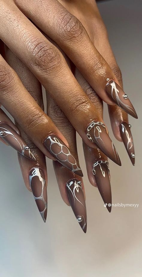 Plum Nails, Airbrush Nails, Long Nail Designs, Edgy Nails, Metallic Nails, Nail Swag, Brown Nails, Manicure Y Pedicure, Classy Nails