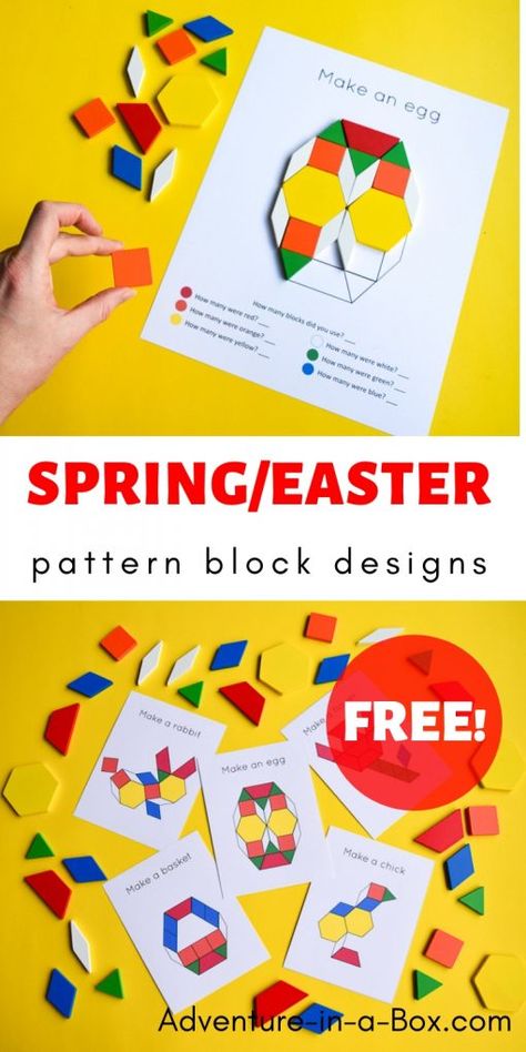 Get the free printable pack of Easter and spring pattern block designs for STEM centers in your preschool and kindergarten! #patternblocks #STEM #homeschool #preschool Easter Eyfs, Homeschool Topics, Tangram Patterns, Preschool Easter, Easter Kindergarten, Stem Centers, Easter Math, Spring Kindergarten, Spring Centers