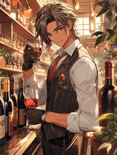 Bartender Art Reference, Bartender Oc Male, Anime Waiter Guy, Drunk Anime Guy, Bartender Reference, Bartender Character Design, Bartender Drawing, Bartender Illustration, Bartender Anime