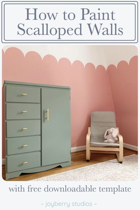 Scalloped walls are a great way to add a unique touch to a room. They are easy and fast to paint. They are cheaper and less permanent than wallpaper! In this tutorial I walk you through how to paint scalloped walls and also provide a free template for the scallops. Scalloped Walls, Kids Bedroom Paint, Girls Bedroom Paint, Girls Room Paint, Kids Room Paint, Big Girl Bedrooms, Room Accent Wall, Kids Playroom Decor, Room Wall Painting