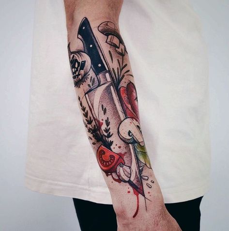 Cooking Tattoo, Culinary Tattoos, Chef Tattoo, Ideas For Food, Food Tattoos, Knife Tattoo, Tatuaje A Color, Tattoo Style Drawings, Forearm Tattoo