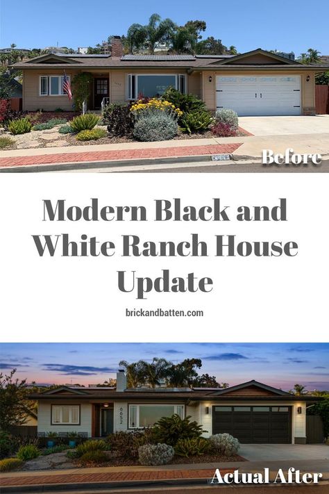 Black And White Ranch Style House, Ranch House Update, Black And White Ranch House Exterior, Black And White Ranch House, Midcentury Ranch Exterior, White Ranch Style House, White Ranch House Exterior, Mid Century Modern Ranch Exterior, Mid Century Ranch Exterior