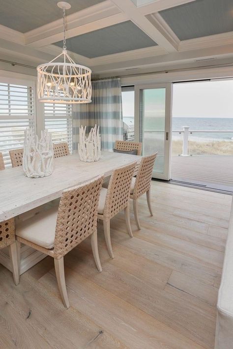 Beach Dining Room Aesthetic, Beach Dining Room Ideas, Coastal Open Floor Plan, Beach House Family Room Ideas, Beachy Wood Floors, Beach Dinning Room Decor, Beach House Dinning Room Ideas, 2023 Beach House Trends, Coastal Home Flooring Ideas