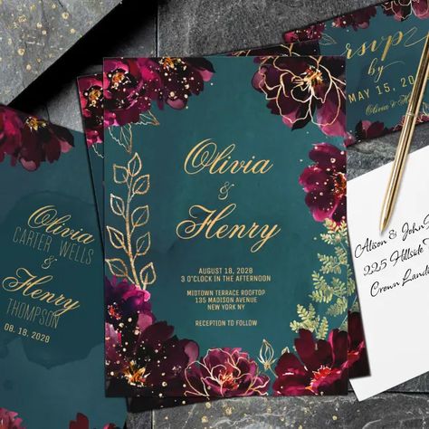 Teal Bordeaux Jewel Tones Surnames Wedding Invitation | Zazzle Gold Burgundy Wedding, Jewel Tone Wedding Invitations, Jewel Tone Wedding Theme, Gold Foil Invitation, Jewel Tone Wedding, Foil Wedding Invitations, Teal Wedding, Wedding Gold, Raspberry Red