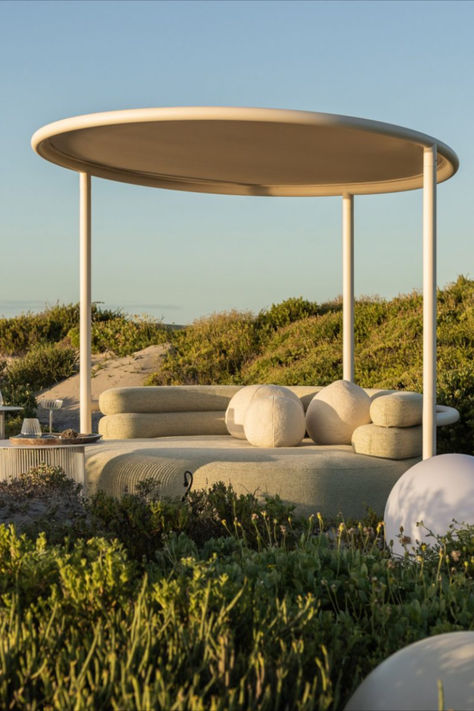 The Contour daybed is intended to make an architectural statement. Fawn Colour, Fabric Canopy, Outdoor Daybed, Outdoor Shoot, Mini Lamp, Upholstery Foam, Day Bed, Stainless Steel Tubing, Beachfront Property