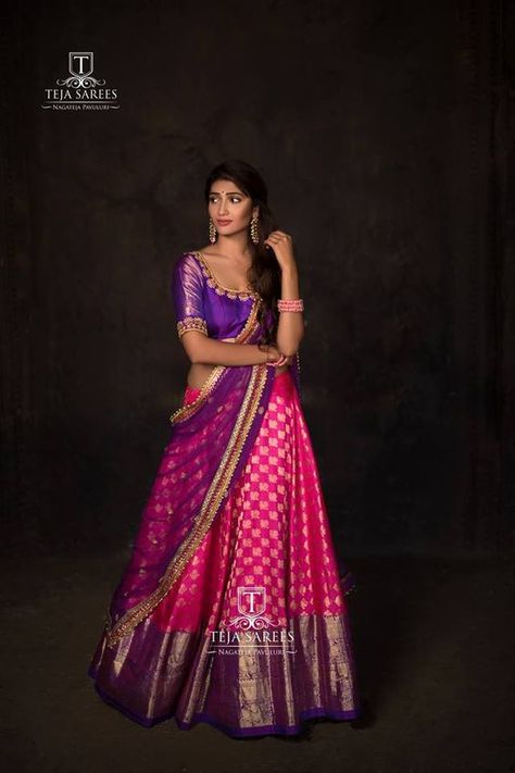 silk half sarees Lehenga Beautiful, Teja Sarees, Lehenga Shopping, Silk Half Saree, Half Saree Function, Lehenga Saree Design, Half Saree Lehenga, Indian Outfits Lehenga, Half Sarees