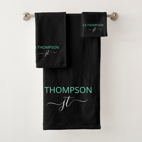 Modern Black Teal Simple Script Monogram Name Bath Towel Set - teal bathroom accessories Teal Bathroom Accessories, Teal Bathroom, Peach Lemonade, Script Monogram, Black Hot Pink, Bathroom Bath, Bath Towel Sets, Disney Gifts, Bathroom Towels