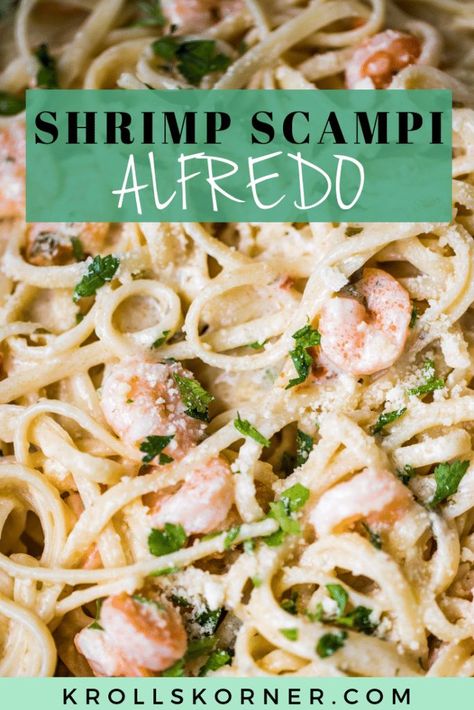 Shrimp scampi Alfredo is a family favorite, it's SO easy and only takes 30 minutes to make from start to finish! #shrimpscampi #alfredo #krollskorner #weeknightdinner Shrimp Scampi Alfredo, Shrimp Scampi Alfredo Pasta, White Wine Alfredo Sauce, Wine Alfredo Sauce, Shrimp Scampi Pasta Recipes, Moose Recipes, Shrimp Scampi Pasta, Scampi Pasta, Yummy Pasta