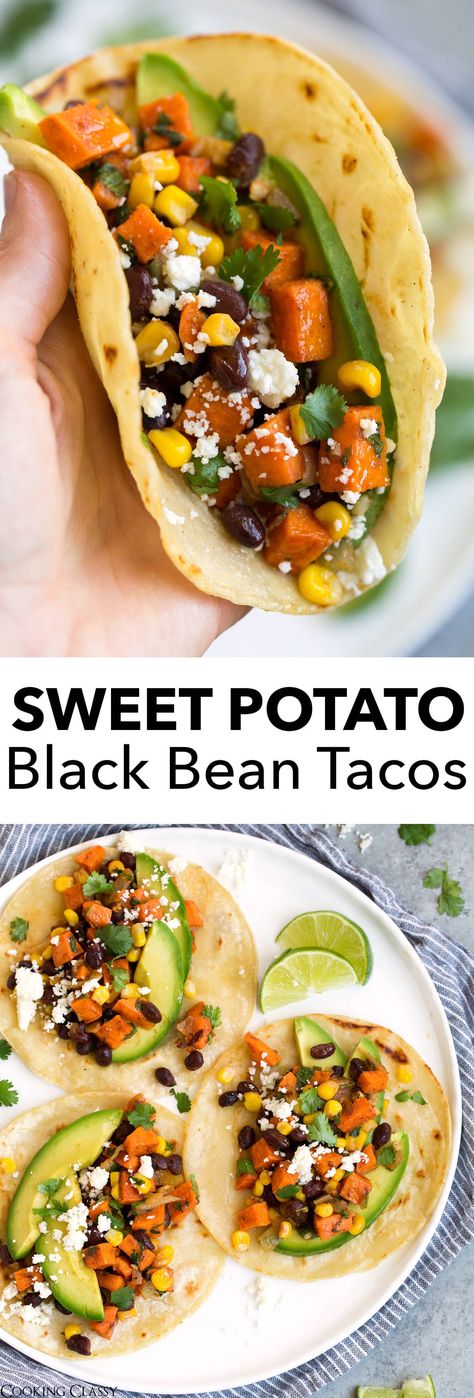 Sweet Potato Black Bean Tacos, Lime Sweet Potato, Sweet Potato Black Bean, Healthy Entrees, Black Bean Tacos, Sweet Potato Black Beans, Bean Tacos, Stuffed Sweet Potato Healthy, Healthy Tacos