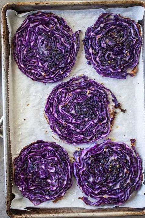 Oven Roasted Cabbage, Grilled Cabbage Steaks, Roasted Cabbage Recipes, Purple Cabbage Recipes, Roasted Red Cabbage, Cabbage Steaks Recipe, Easy Cabbage Recipes, Cabbage Dishes, Cabbage Side Dish