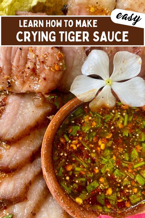 Crying tiger sauce topped with fresh herbs and spices, accompanied by slices of grilled steak. Tiger Cry Beef Recipe, Dragon Sauce Recipe, Crying Tiger Sauce, Crying Tiger Steak, Tiger Sauce Recipe, Asian Sauce Recipes, Recipes With Fish Sauce, Thai Sauce, Dipping Sauces Recipes