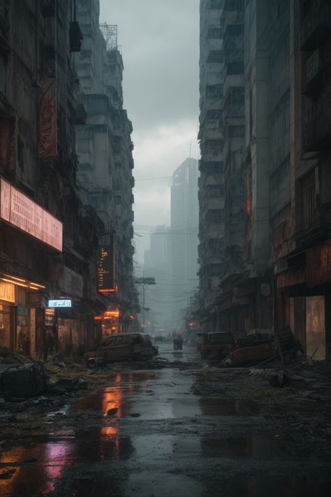 Abandoned Futuristic City, Sci Fi Environment Art, Suburban Dystopia, Post Apocalyptic Town, Poor Neighborhood, Dystopian City, Destroyed City, Fantasy Environment, Ville Cyberpunk