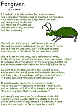 The first poem "I learned by heart"  ~ Now We Are Six ~  Alexander Beetle, my ole pal... Long Funny Poems, Insect Songs, Aa Milne Poems, Funny Poems For Kids, Aa Milne, Poems About School, Printable Craft Templates, Reading Poems, Childrens Poems