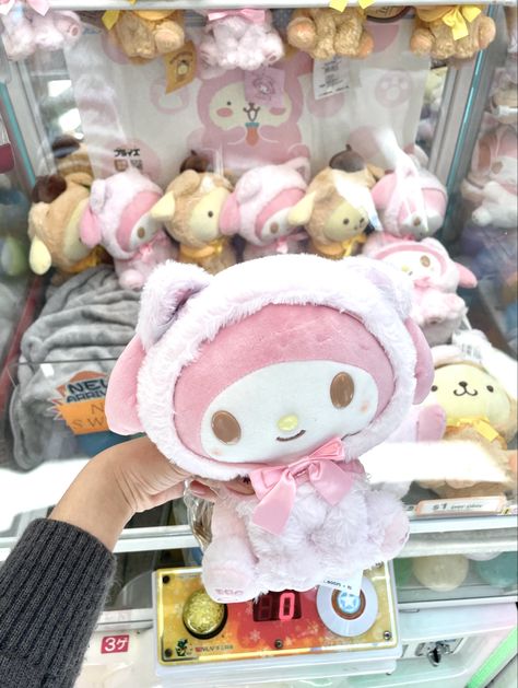 MyMelody Sanrio plush won at arcade with clawmachine Arcade Plushies, Sanrio Mymelody, Claw Machine, Aesthetic Cute, 50th Anniversary, Hello Kitty, Kitty, Collage, Bedroom