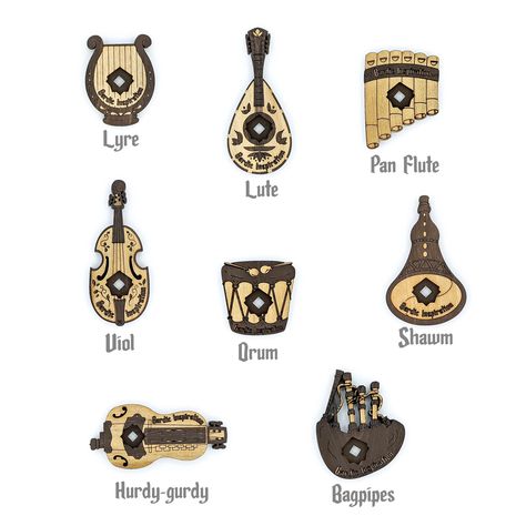 "Tired of repeating \"Remember, you have Bardic Inspiration!\" to your fellow player that you masterfully serenaded into an epic bonus? NO MORE! With this tracker and visual reminder, you can hand Bardic Inspiration to your fellow adventurers! Each token perfectly cradles a d6, d8, d10 or d12, so it works at every Bard level. Made from 2 layers of finished solid poplar. Token Dimensions: Lute - 2\" x 4 1/2\" Pan Flute - 2 1/4\" x 3\" Lyre - 2 1/8\" x 2 7/8\" Shawm - 2 1/2\" x 4\" Drum - 2 1/4\" Dnd Bard Drawing, Dnd Lute Design, Dnd Bard Lyre, Bard Lute, Dnd Bard Instruments, Dnd Bard Flute, Lyre Design, Dnd Lute, Dnd Bard Design