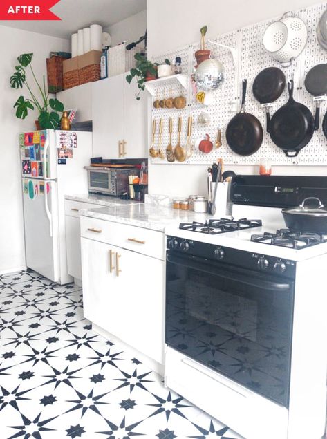 Kitchen Pegboard, Rental Makeover, Kitchen Looks, Faux Tiles, Rental Kitchen, Kitchen Diy Makeover, Bright Kitchens, After 4, Apartment Kitchen