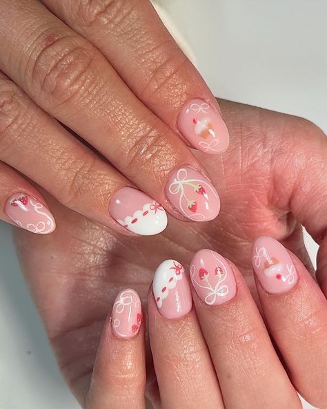 🎀 STAWBERRY SHORTCAKE 🍰 Birthday nails for this Taurus baby and she’s decided to have the cutest theme on her nails. I absolutely adore this set🥹🍰🎀💖 🎀structured efile + level 3nail art + charm 🍰custom press ons available through dm or Etsy link in bio 🎀book an appointment via link in bio #nails #naturalnails #gelnails #nails2inspire #nailsofinstagram #nailsoftheday #nailsoftheweek #nails2inspire #gelnailart #kawaiinails #birthdaynails #holidaynails #nailaddict #nailart #nailsnailsnails #... Birthday Nails Art Designs, Cutest Nail Designs, Nail Design For Kids, Short N Sweet Nails, Birthday Themed Nails, Charm Nail Designs, Birthday Theme Nails, Birthday Nails Designs, Cute Nail Ideas For Kids