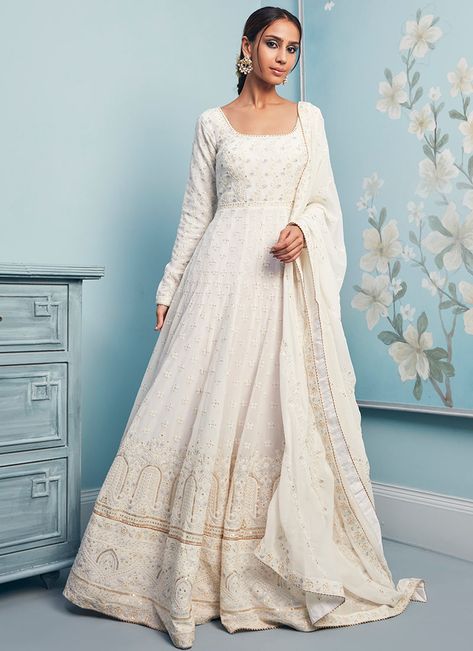 Anarkali Aesthetic, White Anarkali Suits, Indian Suits For Women, White Anarkali, Blouse Designs Catalogue, Embroidered Anarkali, Indian Gowns Dresses, Casual Party Dresses, Royal Style