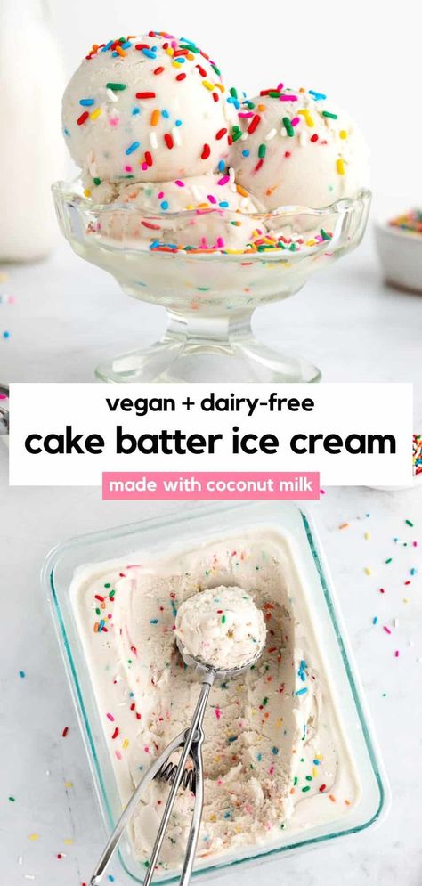 This vegan cake batter ice cream recipe is sweet, creamy, and tastes like funfetti birthday cake! It's dairy-free, eggless, and gluten-free friendly. The easy recipe is made with coconut milk, yellow cake mix, sprinkles, vanilla extract, and almond extract. You can make it two ways: with an ice cream maker or with no machine (no churn). It's a funfetti dessert for birthdays and parties! #cakebatter #icecream #birthdaycake #coconutmilk #veganicecream #dairyfreeicecream #coconutmilkicecream Cake Batter Ice Cream Recipe, Dairy Free Birthday Cake, Almond Milk Ice Cream, Funfetti Birthday Cake, Funfetti Birthday, Cake Batter Ice Cream, Paleo Ice Cream, Vegan Ice Cream Recipe, Vegan Birthday Cake