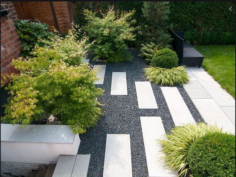 I like the color contrast of these pavers/tile in the darker gravel Edgers Landscape, Japanese Garden Tools, Stepping Stone Walkways, Gravel Landscaping, Japanese Garden Landscape, Paver Walkway, Gravel Patio, Front Garden Design, Garden Stepping Stones