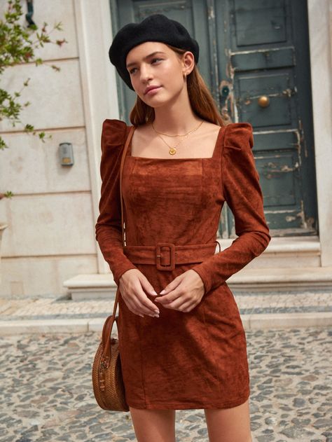 Square Neck Leg-of-mutton Sleeve Buckle Belted Dress Mutton Sleeve, Leg Of Mutton Sleeve, Squared Neckline, Leg Sleeve, Leg Sleeves, Kebaya, Belted Dress, Amazing Products, Shirt Sleeves