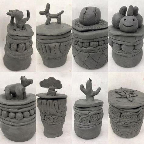 Chrissie Grace 🎨 Art Teacher on Instagram: “I love the creative touches students are using in their handles! 🎃🌵🌸🦖☁️🥎🎈 #middleschoolart #clayproject #claypots” Coil Pottery Ideas Unique, Middle School Ceramics, Ceramic Projects For Kids, Middle School Clay Projects, Kids Ceramics Projects, Pottery Studio Ideas, Beginners Ceramics, Clay For Kids, High School Ceramics