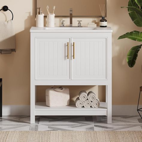 PRICES MAY VARY. High-quality Wood Bathroom Vanity:This elegant bathroom vanity features a robust solid wood frame paired with durable MDF boards. The solid wood frame ensures stability and longevity, while the MDF boards offer wear resistance for daily use. The surfaces are treated with a waterproof and stain-resistant finish, making them very easy to clean. Bathroom Storage: Bathroom Vanity with Storage compartments on the doors for bathroom essentials like toothpaste and toothbrushes. Open Sh Green Bathroom Vanity, 30 Inch Vanity, 30 Inch Bathroom Vanity, Faucet Installation, 30 Bathroom Vanity, Mdf Doors, Accent Chests And Cabinets, Bathroom Vanity Base, Sink Storage