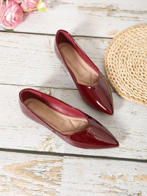 Fashion Red Ballet Shoes For Women, Point Toe Flats | SHEIN USA Red Ballet Shoes, Burgundy Ballet Flats, Burgundy Flats, Church's Shoes, Shein Shoes, Cherry Wine, Women Flats, Pointed Toe Flats, Mens Swimwear