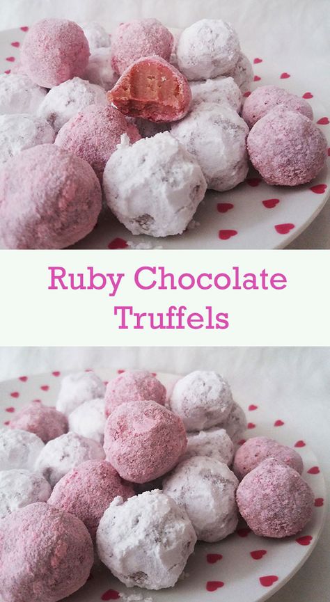 Ruby Chocolate Truffles. Enduring,  lip color, Valentine's Day, limelight, pink chocolate, simple, no bake, dessert recipe idea. Ruby Chocolate Truffles, Ruby Chocolate Dessert, Ruby Chocolate Recipes, Licorice Cake, Forest Berries, Ruby Chocolate, Cacao Recipes, Healthy Cupcakes, Christmas Truffles