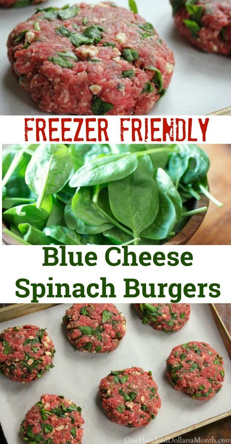 Freezer Meal, Blue Cheese Burgers, Healthy BBQ, Freezer Meals, Meal Prep Blue Cheese Burgers Recipes, Spinach Burgers, Food Prepping, Blue Cheese Burgers, Cheese Burgers, Cheeseburger Recipe, Cheese Spinach, Freezer Meal Prep, Freezer Storage