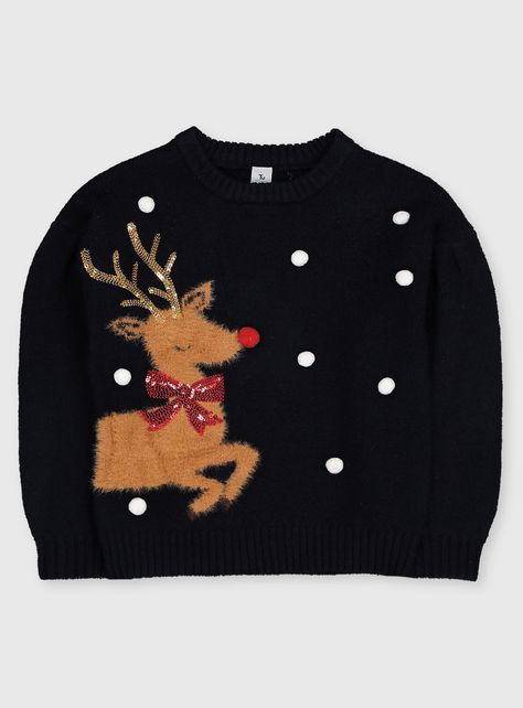 Perfect for the upcoming Christmas party season, this navy knitted jumper features Rudolph the red nosed reindeer dashing through the snow. Crafted from a snuggly soft knit, it has a crew neck, long sleeves and a fuzzy reindeer on the front with sparkling gold sequins for antlers and red sequins for a bow. WIth pom-pom details acting as snow, pair with smart trousers and rosy cheeks and your little one is ready for the festivities. Christmas  Navy reindeer jumper Sequin antler & bow tie details Reindeer Jumper, Kids Online Shopping, Rudolph The Red Nosed Reindeer, Dashing Through The Snow, Christmas Outfits Women, Tu Clothing, Baby Christmas Gifts, Childrens Christmas, Rudolph The Red