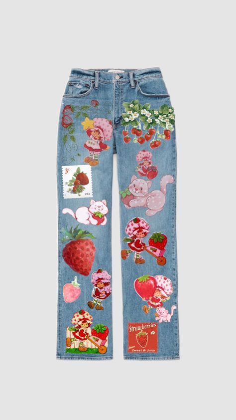 strawberry shortcake, custard, jeans, pants Strawberry Pants, Strawberry Shortcake Custard, Beautiful Mind, Strawberry Shortcake, Custard, Jeans Pants, Outfit Inspo, Pants, Clothes