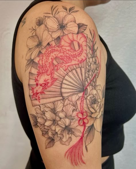 Asian Style Back Tattoo, Japanese Tattoo Women Leg, Japanese Garden Design Tattoo, Leg Tattoos Women Japanese, Asian Sleeve Tattoo Women, Japanese Art Tattoo Women, Vietnamese Style Tattoo, Cherry Blossom Tattoo Upper Arm, Asian Culture Tattoos