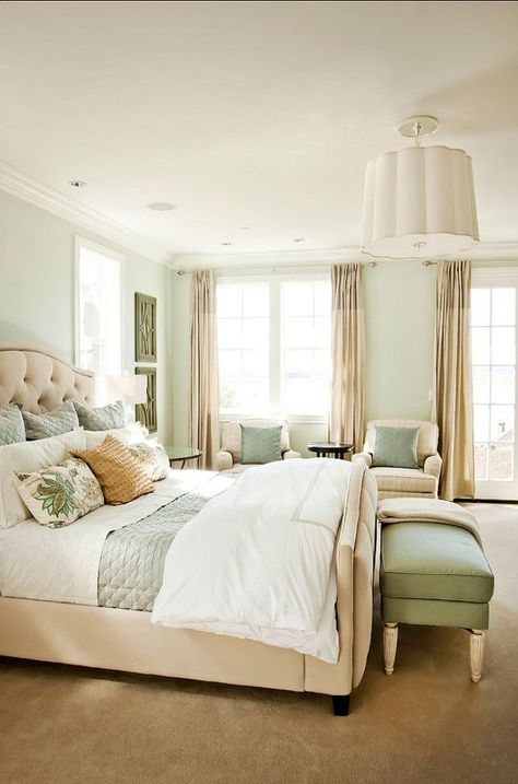 sherwin williams sea salt bedroom | Sea salt - guest bedroom. California Bedroom, Light Green Walls, Traditional Bedroom Decor, Bedroom Color, Bedroom Color Schemes, Bedroom Paint Colors, Traditional Bedroom, Trendy Bedroom, Green Rooms