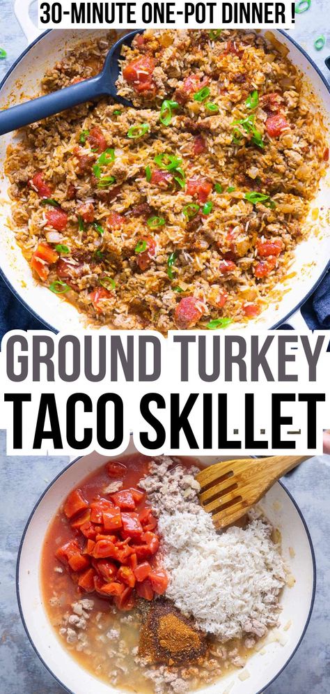 top image: Ground turkey and rice entree in white pan with serving spoon. bottom image: wood utensil stirs turkey taco skillet ingredients in white pan. Title text: Ground Turkey Taco Skillet: One Pot Wonder Meal!! Turkey One Pot Meals, Cheap Turkey Recipes, Ground Turkey And Rotel Recipes, Taco Ground Turkey Recipes, Ground Turkey Bbq Recipes, Ground Turkey And Rice Skillet, Ground Turkey Taco Recipes For Dinner, Ground Turkey Fajitas, Easy Quick Ground Turkey Recipes