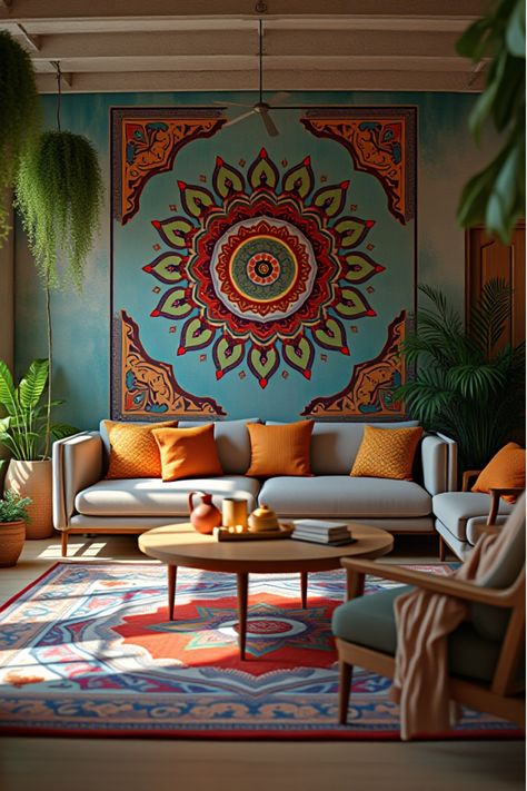 Vibrant living room featuring mandala wallpaper and layered bohemian decor Wallpaper Accent Walls, Wallpaper Living Room Accent Wall, Budget Friendly Living Room, Affordable Wallpaper, Living Room Wallpaper, Mandala Wallpaper, Diy Accent Wall, Classy Decor, Wallpaper Accent