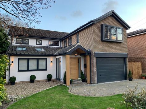 Pitched Roof Garage Conversion, Double Storey Front Extension, Extension Above Garage, Over Garage Extension, Over Garage Extension Uk, Garage Extension Front Of House, Rendered Garage, Extension Over Garage, Front House Extension