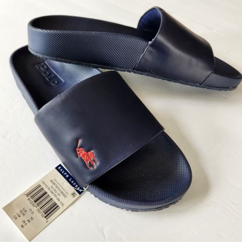 New Ralph Lauren Polo Cayson Slides Navy Blue With Red Logo (Size 11d) Nwt Polo Ralph Lauren Cayson Open Toe Slides Sandals Navy Red Pony Size 11 D Classic Pool Slide Gets A Signature Polo Finish With Ralph Lauren Pony Embossed At The Top. A Padded Eva Construction Provides Extra Support And Comfort. Cowboys Men, Yellow Sandals, Ralph Lauren Leather, Rubber Sandals, Navy Man, Ralph Lauren Shoes, Bear Men, Men Suede, Red Logo