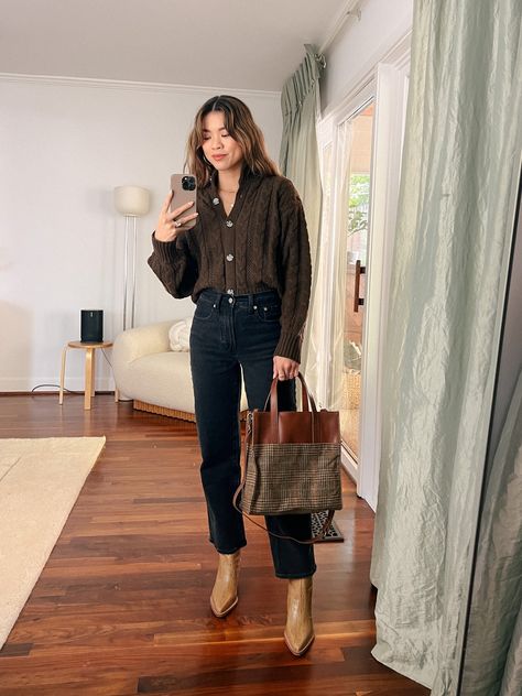 Short Brown Cardigan Outfit, Dark Brown Cardigan Outfit, Cable Knit Cardigan Outfit, Brown Cardigan Outfit, Cropped Cardigan Outfit, Dark Brown Cardigan, Chocolate Brown Cardigan, Cardigan Outfit Ideas, Knit Cardigan Outfit