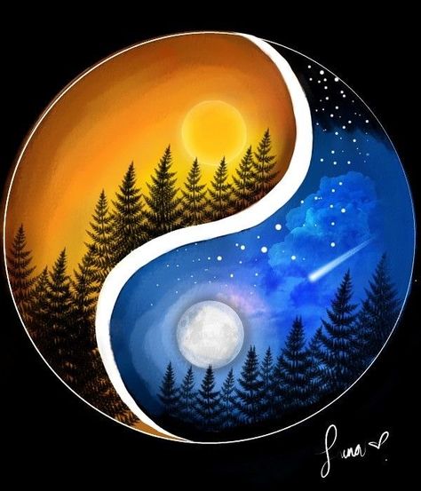 Balance Painting Art, Day And Night Painting Ideas, Night Theme Painting, Yin Yang Painting Ideas, Balance Art Design, Balance Art Drawing, Ying And Yang Art, Yin And Yang Painting, Day And Night Drawing