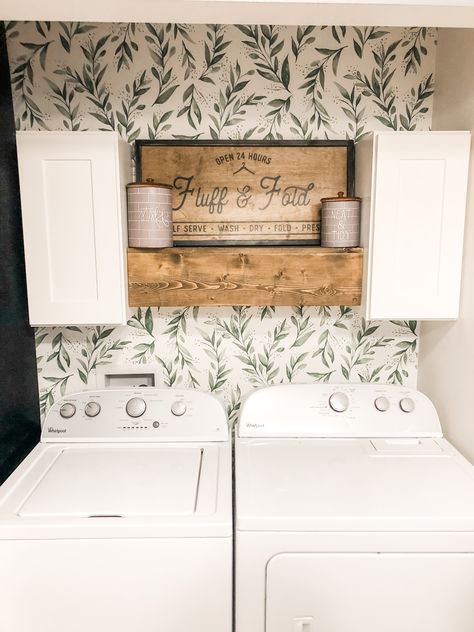 Wallpaper is peel and stick from target Magnolia Home collection Laundry Closet Wallpaper Ideas, Magnolia Peel And Stick Wallpaper, Target Peel And Stick Wallpaper, Wallpaper For Laundry Room, Magnolia Home Wallpaper, Target Magnolia, Closet Wallpaper, Laundry Room Paint, Laundry Room Wallpaper